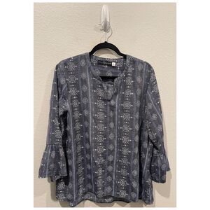 FRED DAVID Blue Printed Boho Ruffled Sleeve Blouse